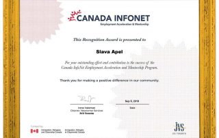 Slava Apel Receives a Recognition Award for Mentorship from Canada InfoNet Employment Acceleration and Mentorship Program